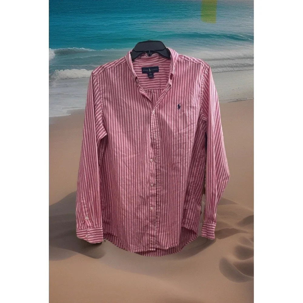 Ralph Lauren Shirt Boys Button Down XL (18-20) Pink White Striped Blue Pony Logo